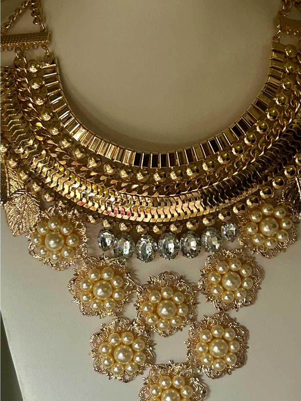 Gold Pearl & Crystal Statement Necklace - Women Jewelry